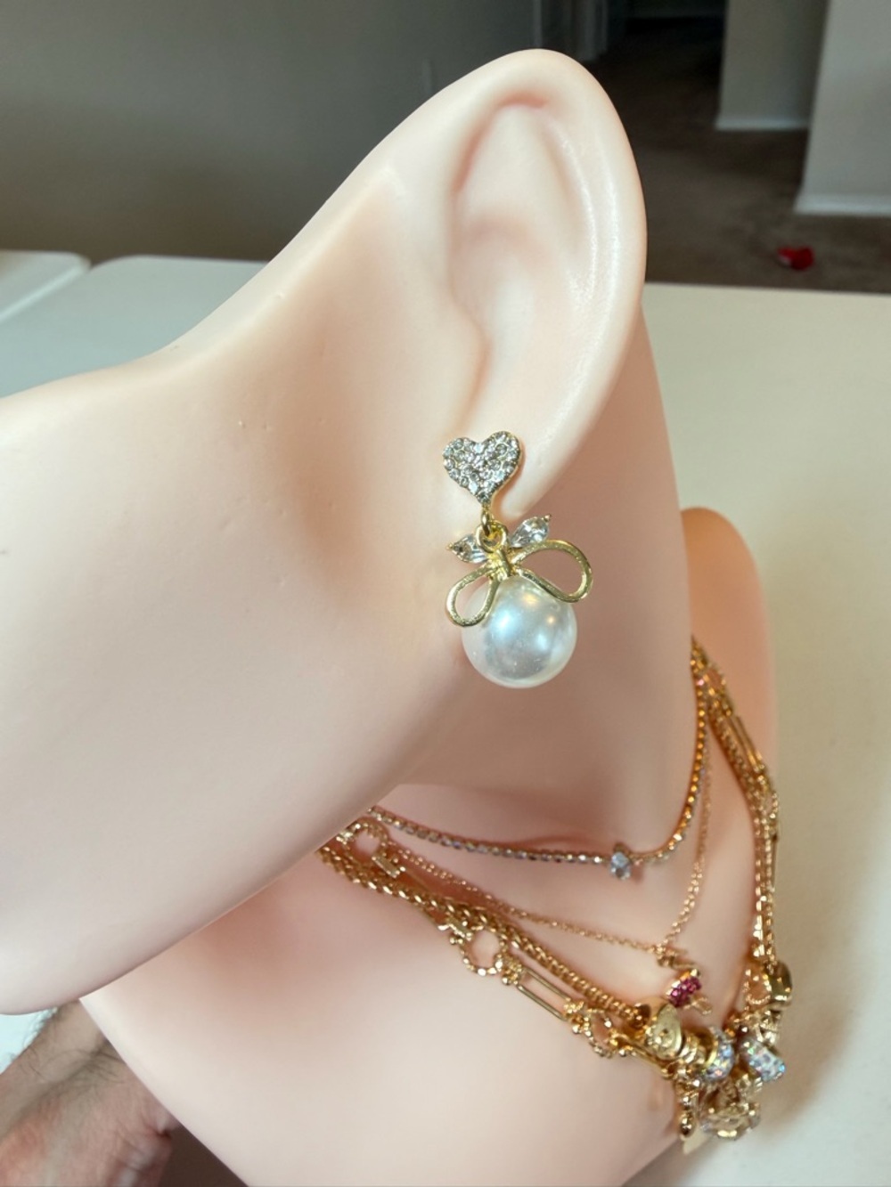 Gold Pearl Stud Heart Drop Earrings. - Picture 3 of 6